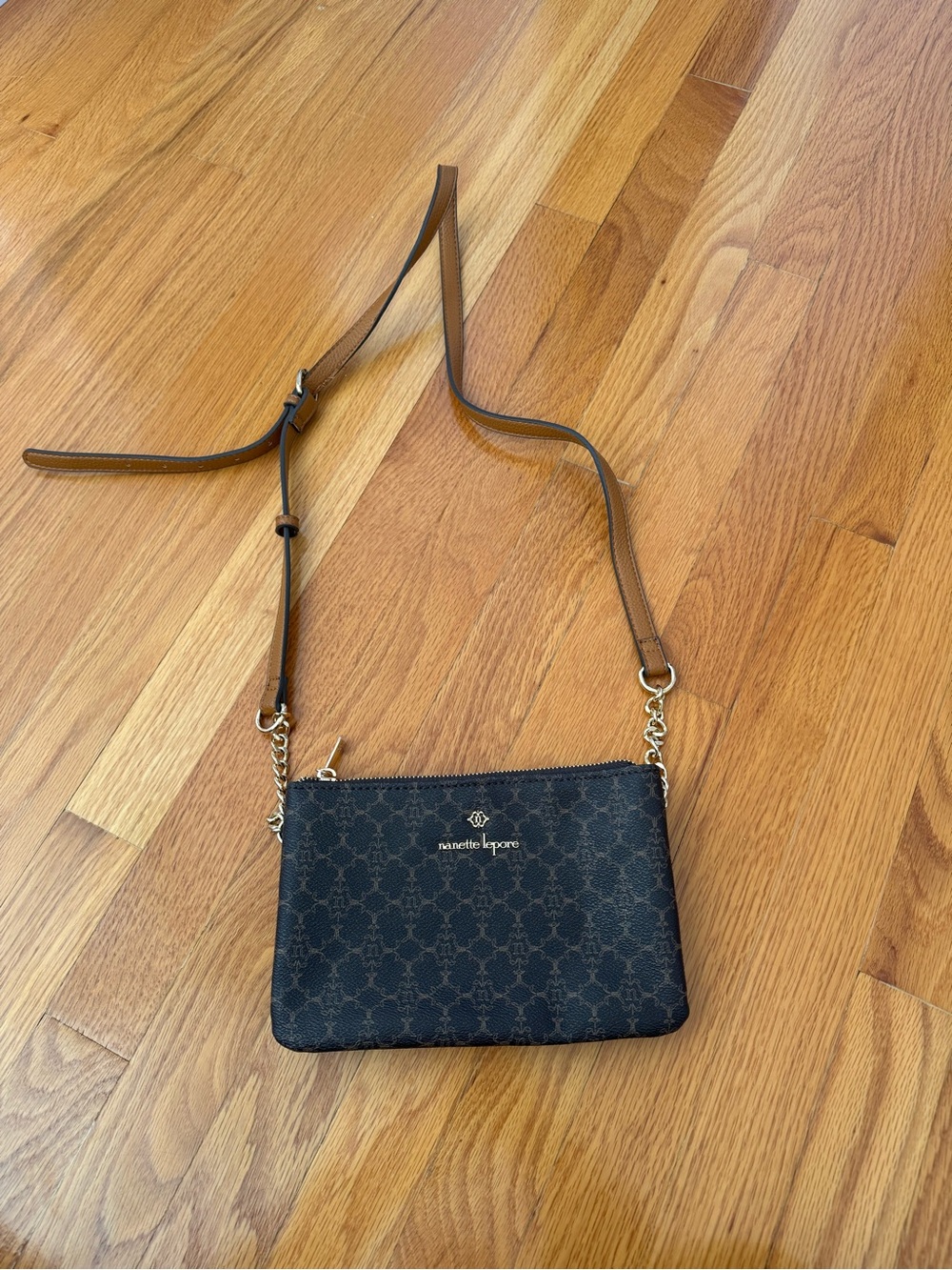 Nanette Lepore Black and Brown Patterned Crossbody with Gold Hardware